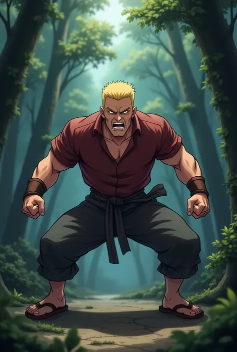 Tall Man, round face, short thin yellow haircut, muscular, in Anime, wearing his mahogany shirt, dark gray pants, brown sandals, in the forest, in shadow, doing his fighting pose, crouching down with legs and feet, snarling with his mouth closed