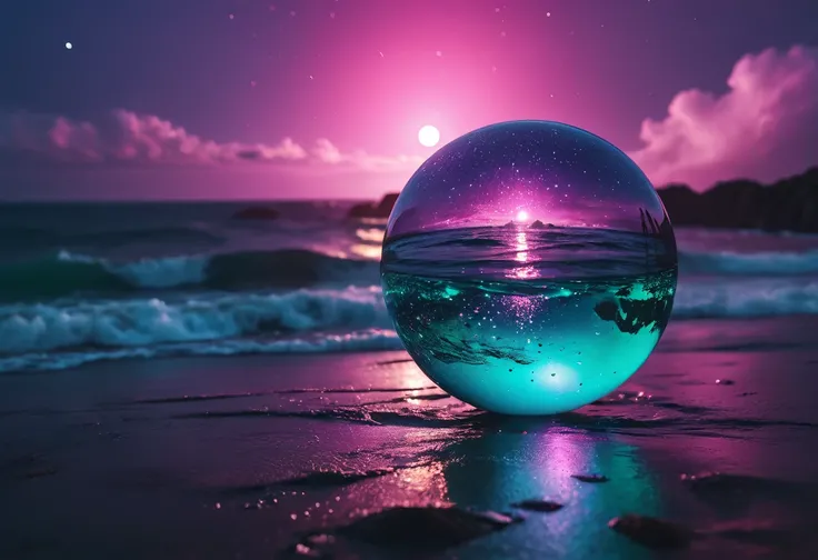 Twinkle in the Starlight、Cloudy night、Magenta and pink moon、Purple and sparkling light blue spheres reflecting light in the ocean。. Starry Space, it&#39;Bright neon lights from outer space: Vibrant electric blue vast glowing sphere, Emerald green、bright pi...