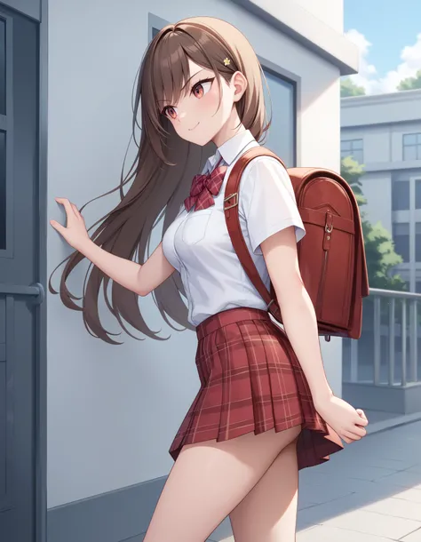 Masterpiece, hd, 1girl, brown hair, long hair, smile, medium breasts,school uniform, white collared shirt, red bowtie, short sleeves, red plaid skirt, bag, backpack, rucksack, from side, cowboy shot, looking to the side, determined, outdoor, closed mouth, ...