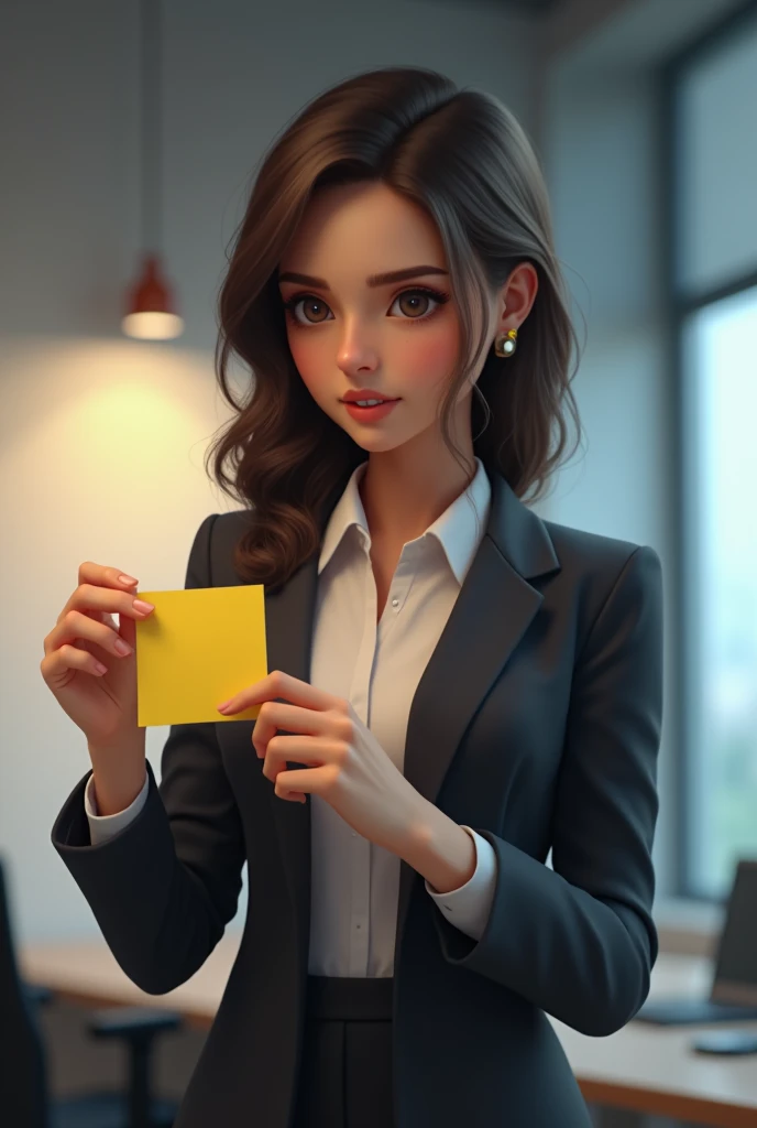 A woman holding a sticky note