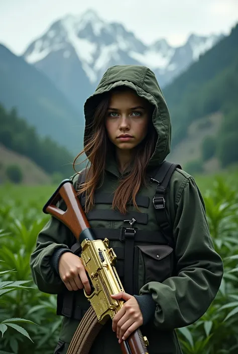  Sexy teenage girl in the mountains watching the marijuana harvest wearing a gold aka 47 a bulletproof vest is wearing a hood 