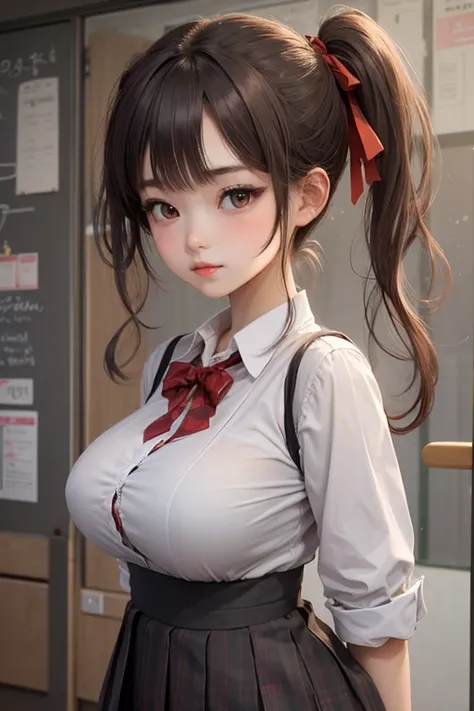 big breasts , thai school girl , skirt dark red , plaid skirt , pleated skirt , red knot , red bow