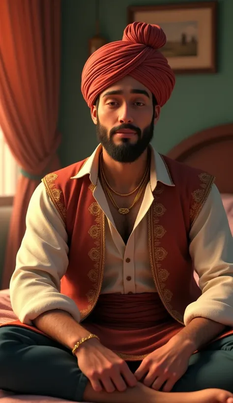 Close up a man sitting in the bedroom 3d animation, wear attractive clothes turban,good figure,