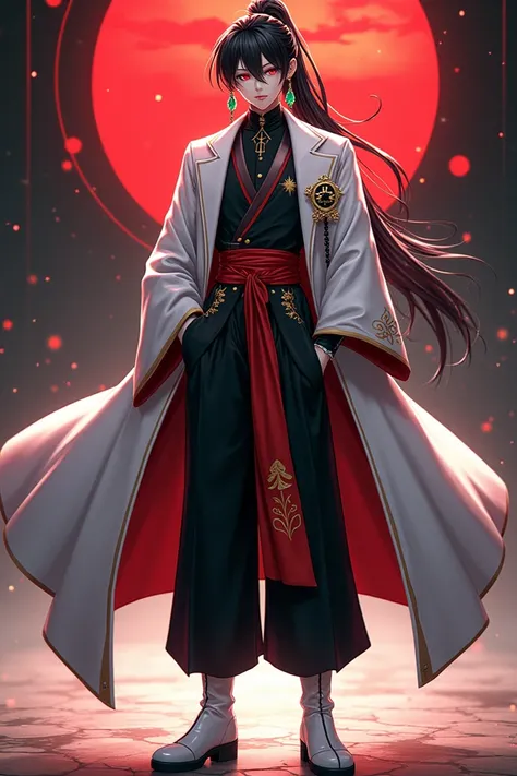 * outfit:  Black and gray suit , red sash,  white boots .

 *  Additional outfits :  black kimono with gold details,  haori white with kanji of  "Death" Bordado.

 *  accessories:  Pothala green earring ,  Ring of Time ,  black beaded rosary .

 * hair: LO...