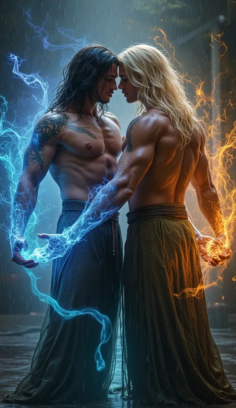 Two men Long black and blonde hair Shirtless muscular bodybuilder wizard wearing a cape with mystic tattoos hugging surrounded by magic under the rain during the night