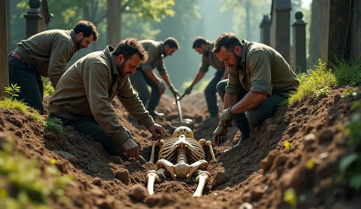 A group of workers digging a grave and pulling out a skeleton to move the graveyard