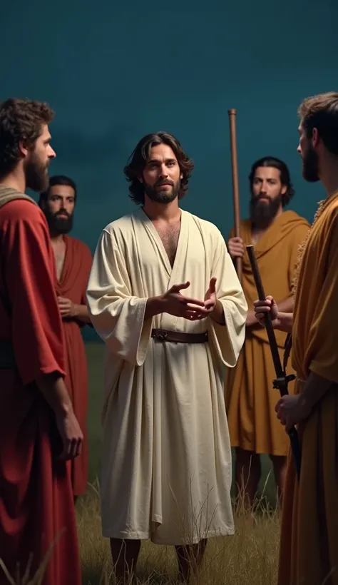  Create a young man , From hair up to the middle of the neck , dark brown color and beard,  dressed in white robes ,  long sleeves ,biblical times style, tied hand in hand talking to a group of men dressed in colorful tunics, biblical times style, and stic...