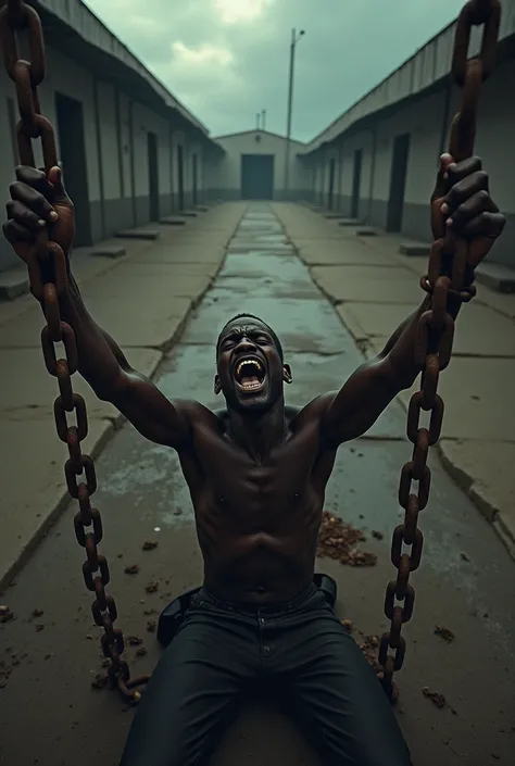 Create a dramatic and symbolic scene of enslavement from a top-down perspective. Show a black man on his knees, screaming in anguish while looking upward. His hands are chained to the ground with heavy, rusted chains, symbolizing desperation and captivity....