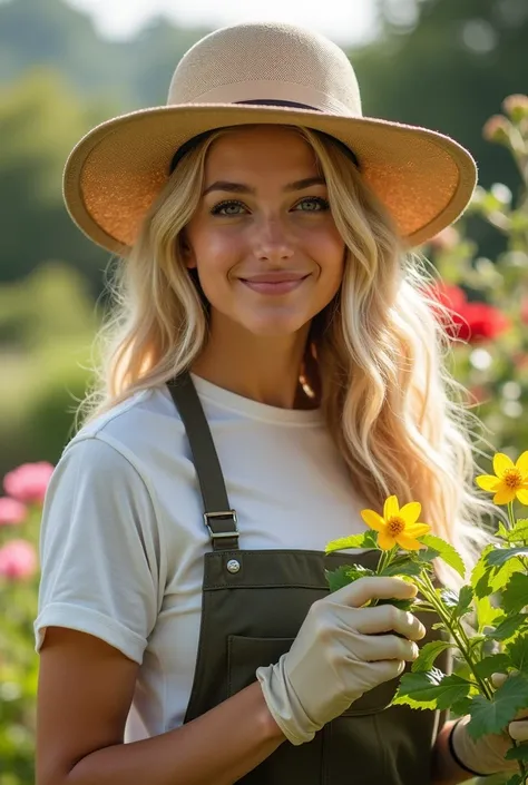 Description:  a charismatic young woman ,  with blond hair and a charming smile . She usually wears modern and stylish clothing ,  often complemented by a garden hat and gloves.  She is known for her love for nature and plants . I was in the garden,  takin...