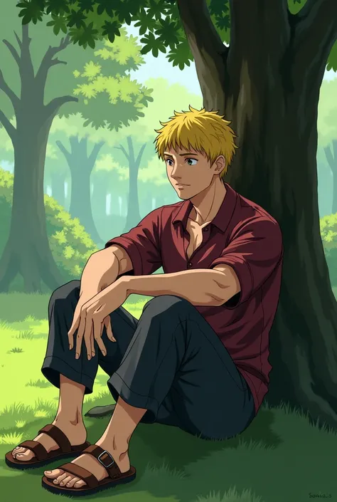 Tall Man, round face, short thin yellow haircut, muscular, in Anime, wearing his mahogany shirt, dark gray pants, brown sandals, in the forest, he sits down on the tree, on the ground, in the shade