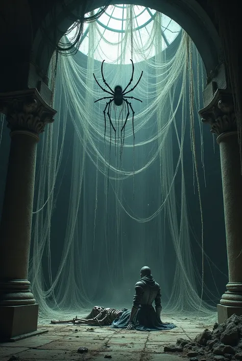 the theater stage is covered with cobwebs and the skeletons of a knight and princess are stuck in it, and a spider sits in the center of the web 