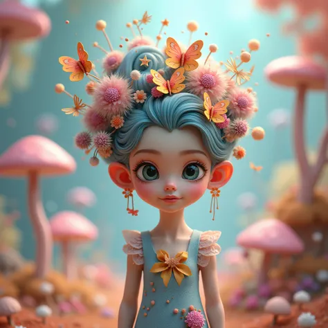 Create a whimsical fantasy scene featuring a fantastical character reminiscent of a fairy-tale being. She should have large, expressive eyes, intricate hair adorned with colorful flora and ethereal elements like butterflies and glowing orbs. Surround her w...