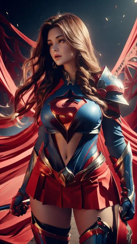 30 year old woman, blue armored superhero costume with red pleated mini skirt, short red capelet, teardrop shaped medium breasts , blue/red gauntlets, red/ blue boots, yellow trims and hems, teardrop shaped small breasts long wavy braided brown hair and a ...