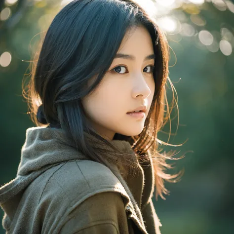 A hyper-realistic image of a single Japanese woman in her early 20s, captured with the nostalgic warmth and subtle graininess of a film camera. Her skin is intentionally textured, showcasing visible pores, fine lines, and slight roughness that adds a reali...