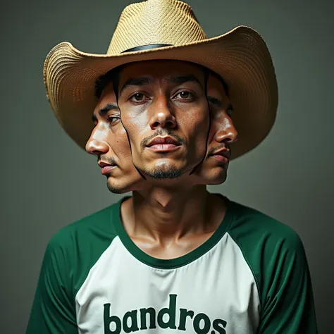  Efek fire art, tessellation style, photo manipulation,surreal,potrait 3 ,  The face of Indonesia, wear a cowboy hat ,  wears a white and green baseball shirt with the words Bandros, stacked together and stacked vertically with slice off effect ,  make par...