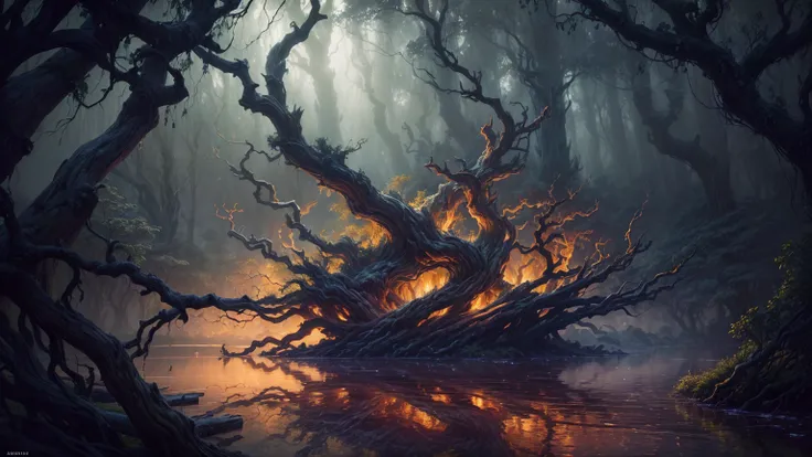 (( hair mystical )) Atmosphere, ((gloomy clouds)), ((twisted and gnarled wood, many long branches )), (( dramatic lighting )), (( reflections in the water )), ( Detailed oil painting ), (Captivating composition), masterpiece,  dark sky before a thunderstor...