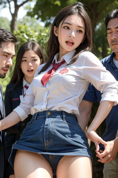 清楚な Japaneseの美人女子学生を物色する中年男性たち,  Female students are suddenly taken off their school uniforms in front of others and their sexy underwear is revealed , Female students who are being watched all at once by the public and horny viewers and screaming ,  Femal...