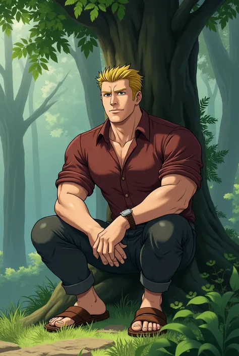 Tall Man, round face, short thin yellow haircut, muscular, in Anime, wearing his mahogany shirt, dark gray pants, brown sandals, in the forest, he sits down on the tree, on the ground, in the shade