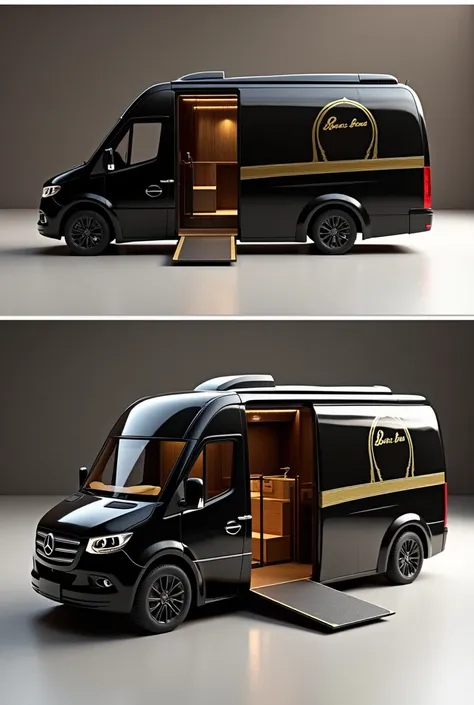  Create an image of a mini mobile spa bus for facial cleansing in black with gold details , with ramp so that it can be used by disabled people with wheelchairs 