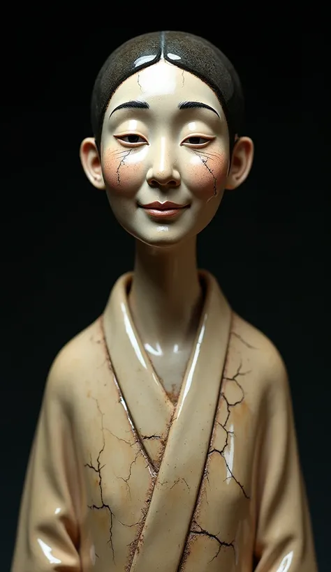 Close-up, front-facing portrait of a cracked ceramic figurine shaped like a very realistic mature Japanese woman, positioned directly in front of the camera, smooth glazed surface with delicate hand-painted details, natural earthy tones with subtle color v...