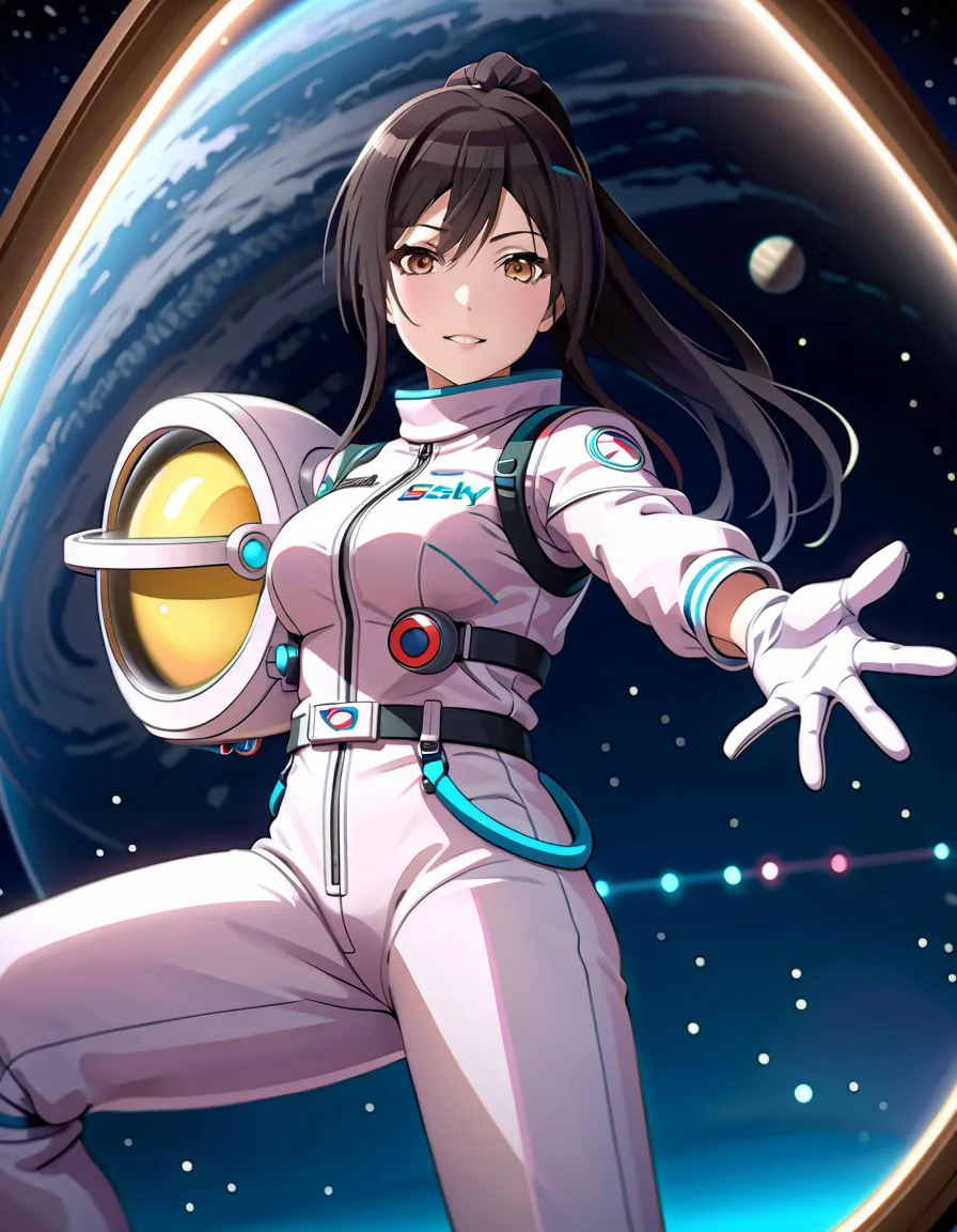 (spacesuit:1.15), white cargo pants, astronaut)bubble helmet, space helmet, white gloves , , looking close at you, standing, mas...