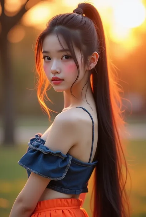 Thai anime girl with a round face, Asian girl with porcelain-like skin, long hair, very long hair, extra long hair, 2 meters long,ในชุดยีนส์สีฟ้าเข้ม,mini skirt, 36-inch bust, beautiful, realistic image. 3D 8k portrait shot with a high quality Kodak light ...