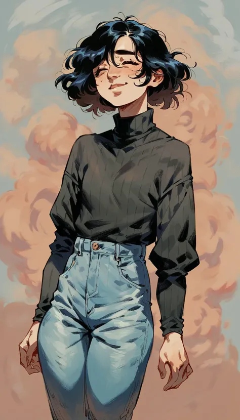 Mature woman, lanky, broad shoulders, very thin, black turtleneck sweater, baggy jeans, androgynous face, shoulder length hair, black hair, warm skin tone, very small breasts, trans woman