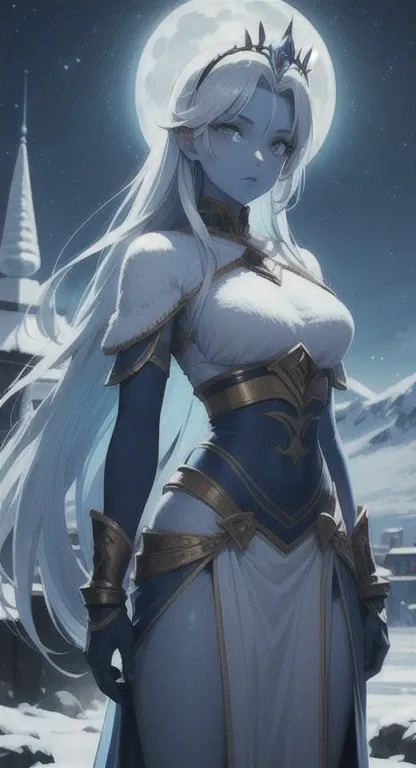 Blue skin, Frozen woman, rare, ice maiden, tiara, shiva armor, beautiful women, long icy hair, icy eyes, blue skin, winter village, moonlight,