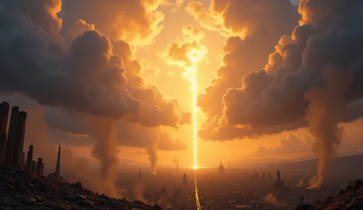 IMAGE WITH VIVID AND DEEP CINEMATIC DYNAMIC COLORS, FANTASY An apocalyptic scene with a golden trumpet shining in the sky, with dark clouds and rays of light representing Gods justice and mercy. At bottom, a city in ruins, reflecting divine judgment and th...