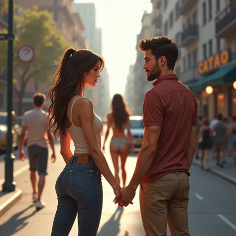  Create an image of a couple holding hands and the man looking back, For the ass of another woman who passed by them 