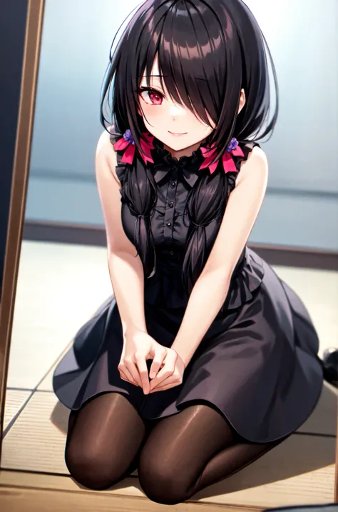 1girl, solo, kneeling, seiza, cckurumi, long hair, low twintails, hair flower, hair over one eye, hair bow, gothic, black dress, ribbon, pantyhose, slippers, sitting, smile, looking at viewer, leaning forward, indoors, living room, television, window, plan...