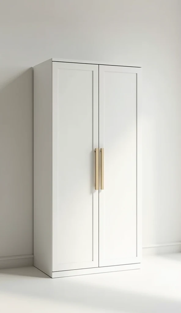  "A small white closet with two doors that open from the middle, resembling a cabinet. Minimalist design, soft lighting, vertical focus on the closets structure."