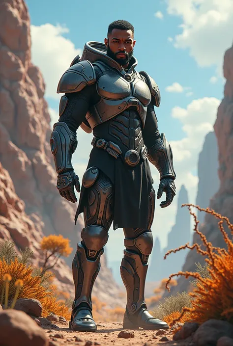  Create an image of an African-American in a futuristic exo armor, in a desolate place with exotic flora and fauna