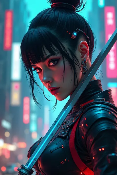 .flux a close up of a fat woman holding a sword in a city, very beautiful cyberpunk samurai, cyberpunk art style, digital cyberpunk anime art, digital cyberpunk - anime art, portrait of a cyberpunk samurai, in cyberpunk style, hyper-realistic cyberpunk sty...