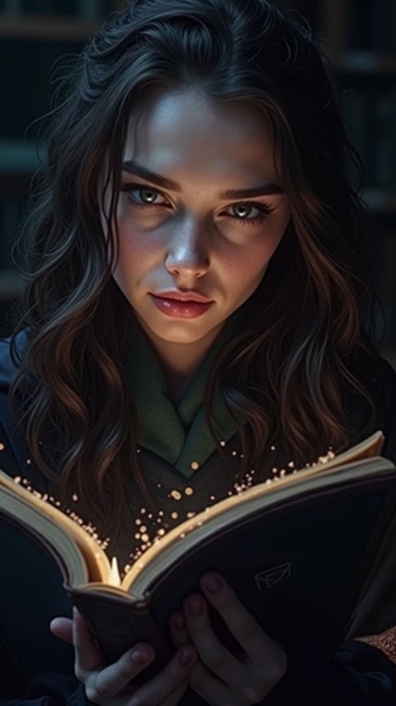 I want you to transform her into a Hogwarts sorceress from the house of Slytherin who is in a library in London reading while magical things happen in the background, She must have her wand on a nightstand and that it is nighttime and that it is raining , ...