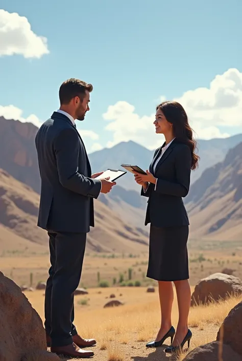 Two people together , one with a survey and the other wearing a skirt suit responding in the Altiplano