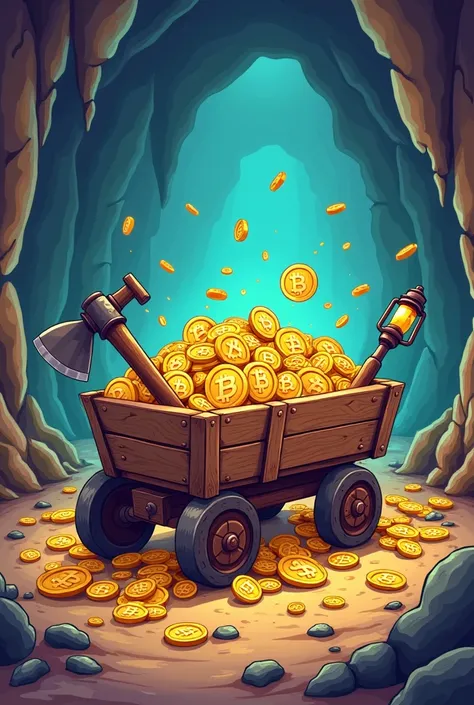 Create a cartoon image of a gold mining cart with its mining tools surrounded by bitcoin coins
