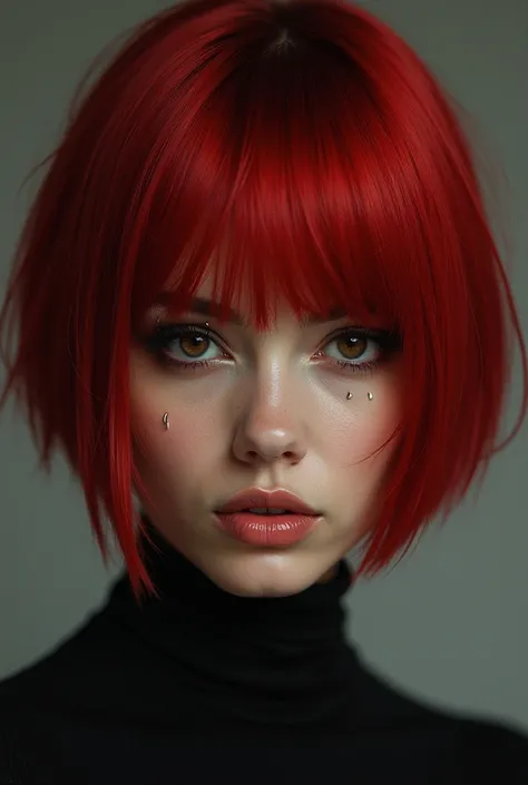  a woman with straight short hair and red color, with piercings and a little brunette and brown eyes 