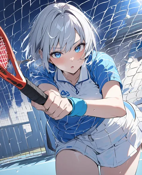 masterpiece、 best quality，One high school girl， Silver Hair，Short hairstyles on the side ， blue eyes， Shortcut Hair、Tennis Spray Final Match ，High school tennis club captain， dynamic sports motion 、The moment I hit the ball with my racket 、 An aphrodisiac ...