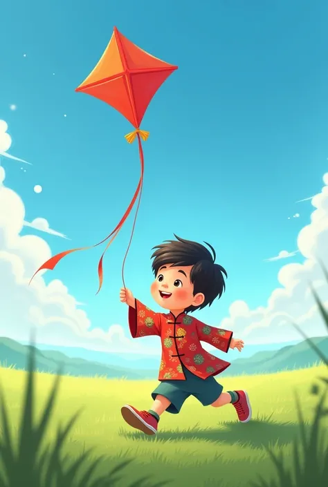 animation of a  playing a kite wearing a traditional chinese shirt