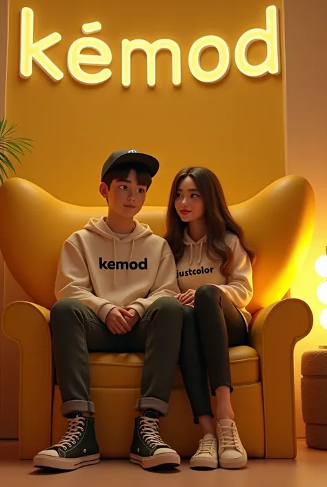 
 create a realistic 3D epasand a 20-year-old Asian lover , a man wearing a hoodie ,  Black Snapback hat , written "kemod "  on his t-shirt ,  sits on a yellow winged chair to a silver gold list , di sebelahnya seorang wanita cantik berambut panjang mengen...