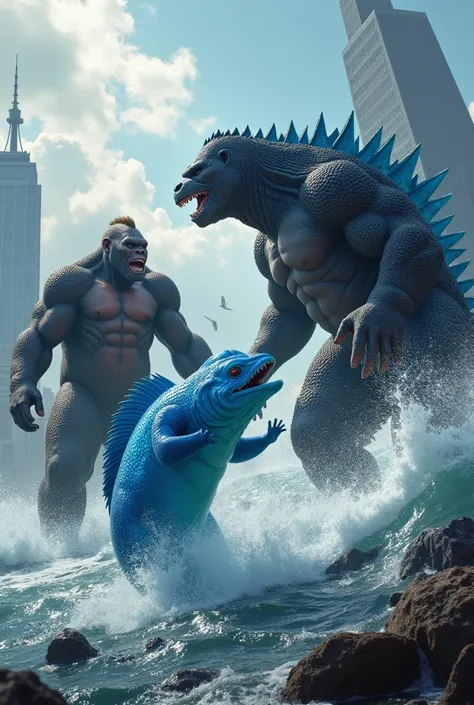 Make me an image that the protagonists are a blue fish ,  and he is fighting King Kong and Kodizila in an epic battle of giants 