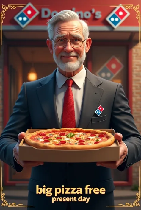  CM Poster is "Big Pizza Free Present Day " written in middle golden decoration letters at the bottom of the screen,  domino pizza logo, front view  Standing Pose , hold a  1 domino big pizza, American White man is Jeff Bezos  ,60-age ,smile , suit style, ...