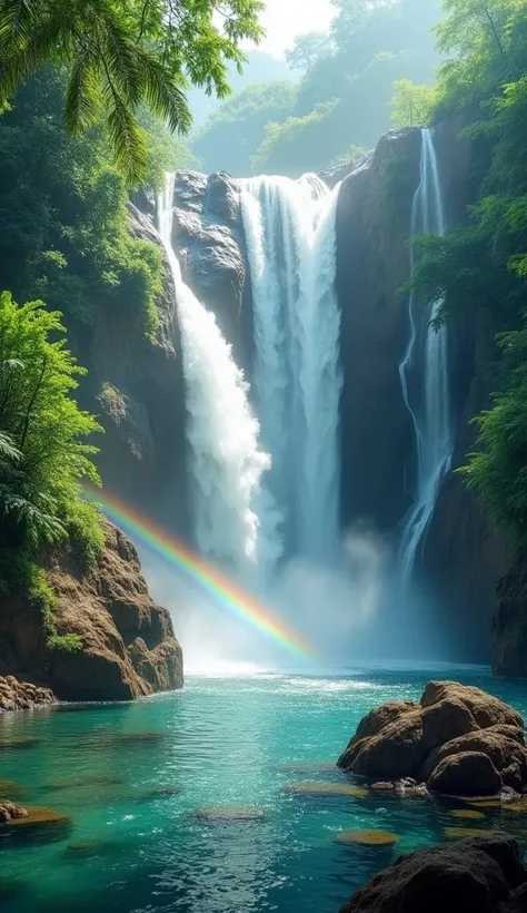 A dynamic scene of a powerful waterfall in a tropical jungle, cascading over rugged rocks into a crystal-clear pool below. Lush greenery surrounds the falls, with mist creating a dreamy atmosphere. A rainbow arcs through the mist, adding a magical touch. C...