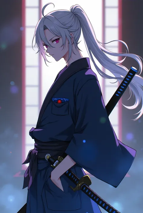 His name is Seijirou Satoru , , man,  his hair is long white in a ponytail bundle with a little mess , school shirt with earphones and carries two katanas his right eye is purple , and his left eye is red ,  his personality is cold quiet expert in using sw...