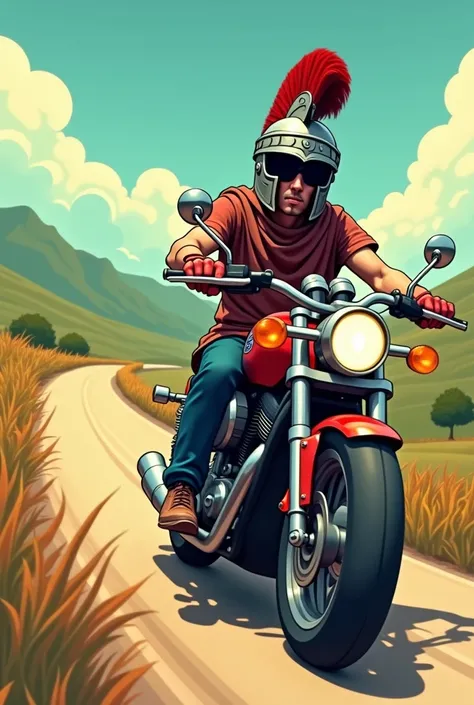  figure of a motorcyclist wearing a Roman gladiator helmet, Who travels on a motorcycle ,  in bohemian style ,  and in the background a road , between hills , animated style. 