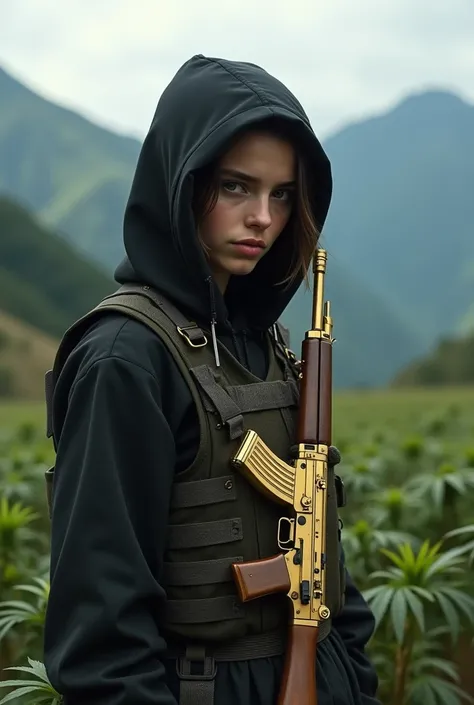  Sexy teenage girl in the mountains watching the marijuana harvest wearing a gold aka 47 a bulletproof vest wears a black hood on her face 