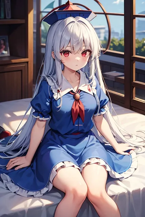 kamishirasawa keine (touhou), red eyes, long hair, two-tone hair, white hair, blue hair, sidelocks, bangs, blue headwear, blue dress, collared dress, puffy short sleeves, red neckerchief, blue skirt kamishirasawa keine and the characters of the Touhou Proj...