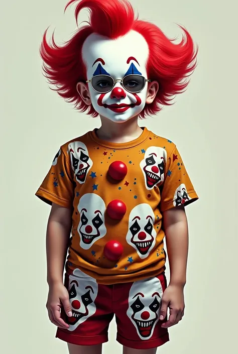 Drawing of a boy in a killer clown shirt and killer clown shorts with mirrored juliet glasses 