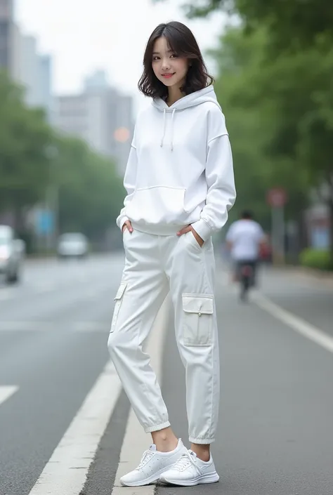 One handsome Korean women
Wearing a white Hoodie 
White kargo
Wearing sports shoes 
Standing on the side of the road